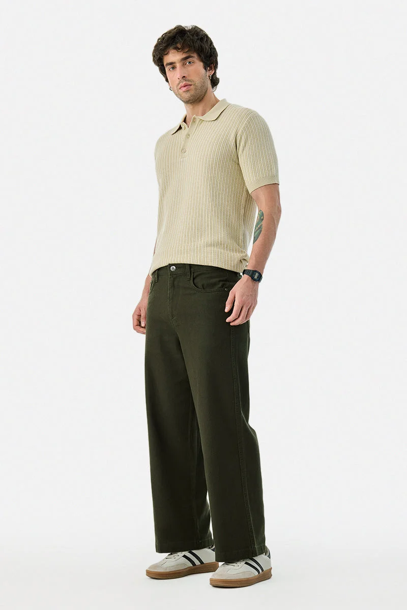 SNITCH Olive 100% Cotton Relaxed Fit Trousers for Men | Best Price UAE